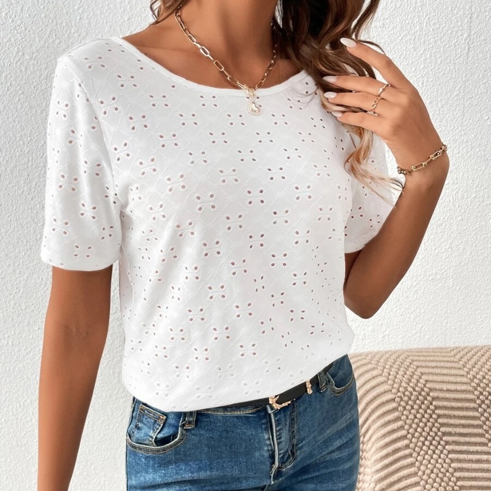 Boho Lace Eyelet Short Sleeve Top - Picture 2 of 11